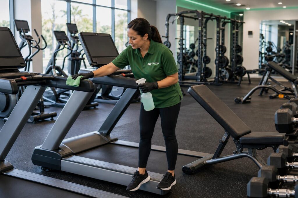 Cleaner carefully cleaning a treadmill in a gym