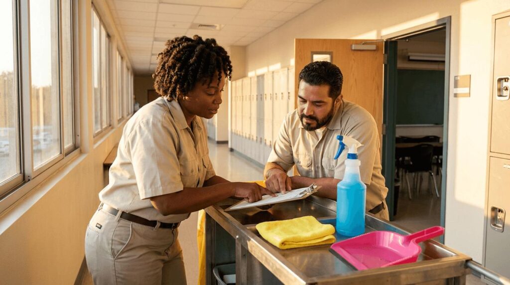 Professional school cleaners discussing cleaning services