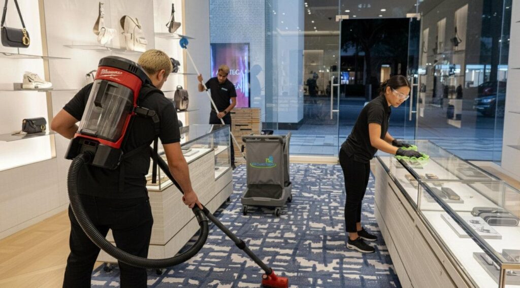 Professional cleaners cleaning shop