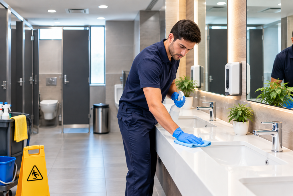 cleaning office bathroom